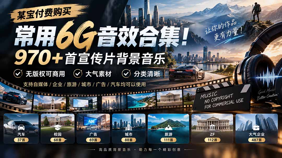 (20603期)某宝付费购买,常用6G音效合集!970+首宣传片背景音乐,无版权可商用大气素材,分类清晰