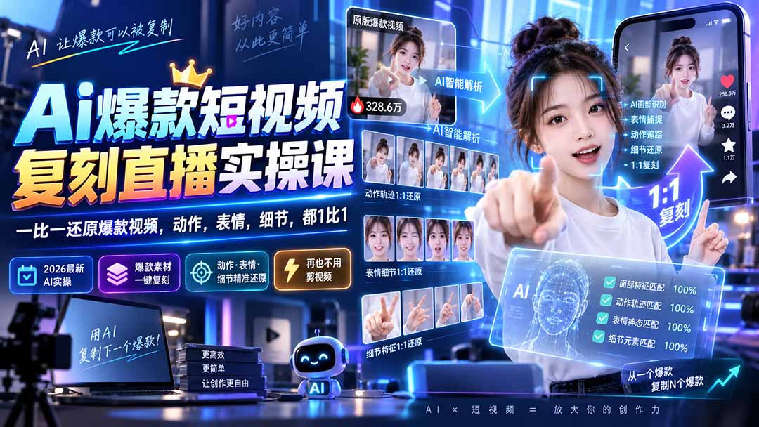 (20304期)最新Ai爆款短视频复刻直播实操课,一比一还原爆款视频,动作,表情,细节,都1比1