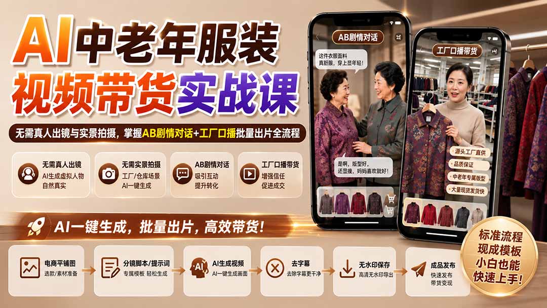 （20198期）AI中老年服装视频带货实战课：无需真人出镜与实景拍摄，掌握AB剧情对话+工厂口播批量出片全流程