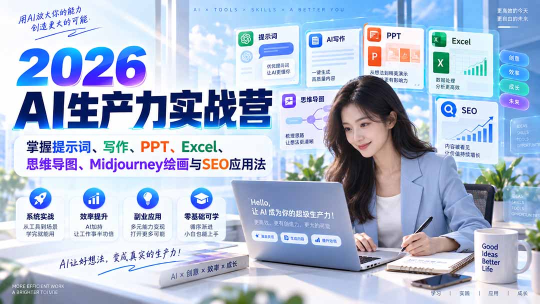 （20307期）2026AI生产力实战营：掌握提示词、写作、PPT、Excel、思维导图、Midjourney绘画与SEO应用法