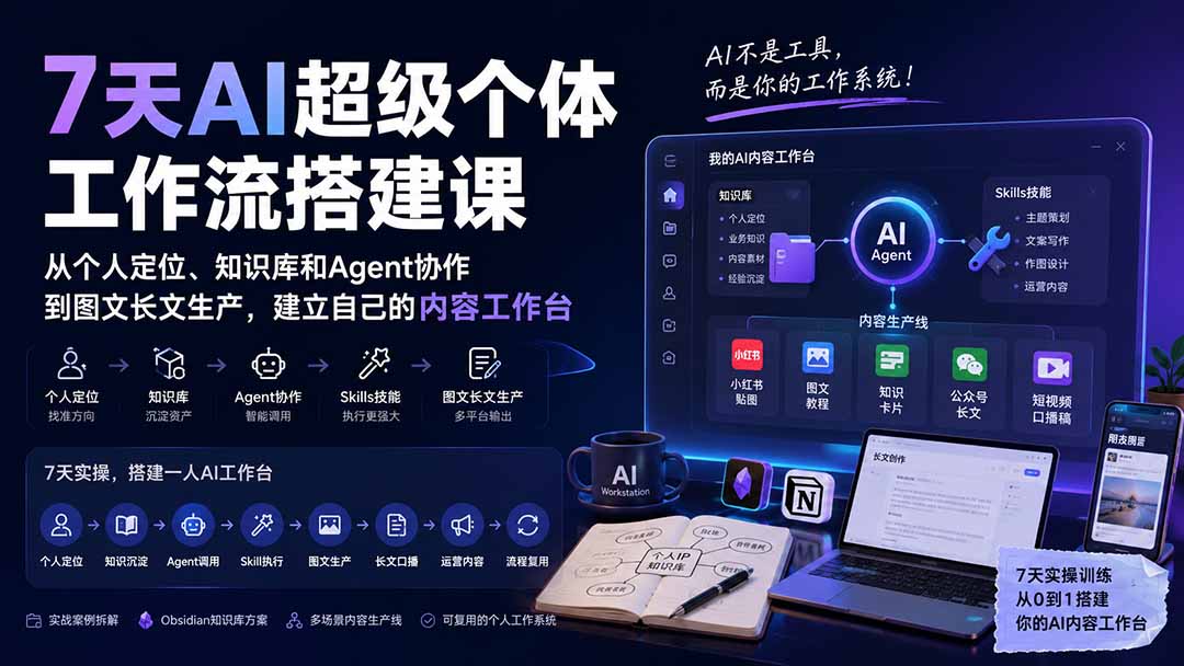 (20190期)7天AI超级个体工作流搭建课:从个人定位、知识库和Agent协作到图文长文生产,建立自己的内容工作台