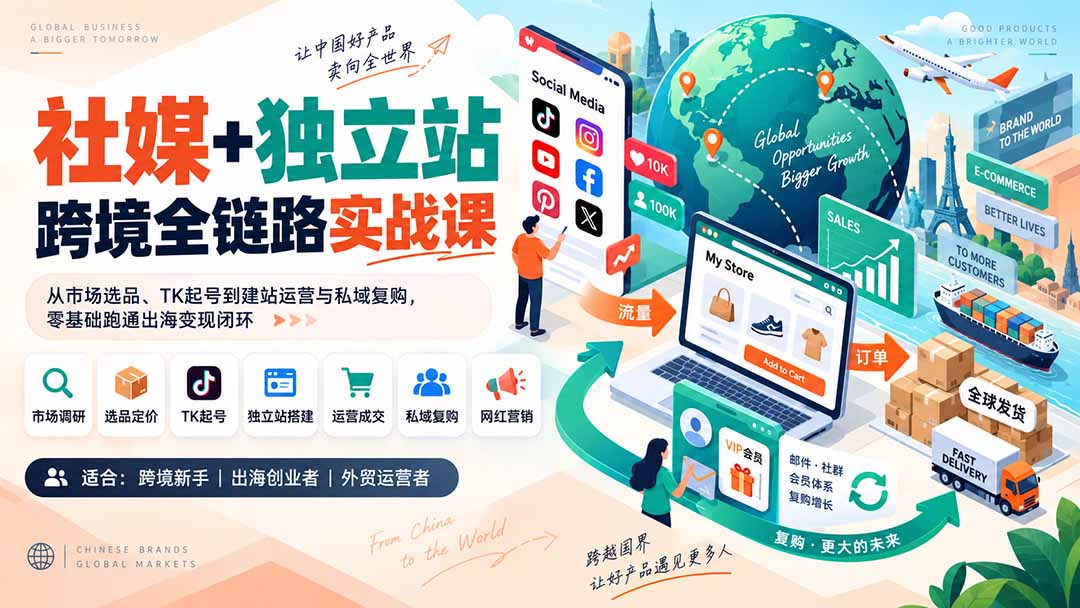 (20361期)社媒+独立站跨境全链路实战课:从市场选品、TK起号到建站运营与私域复购,零基础跑通出海变现闭环