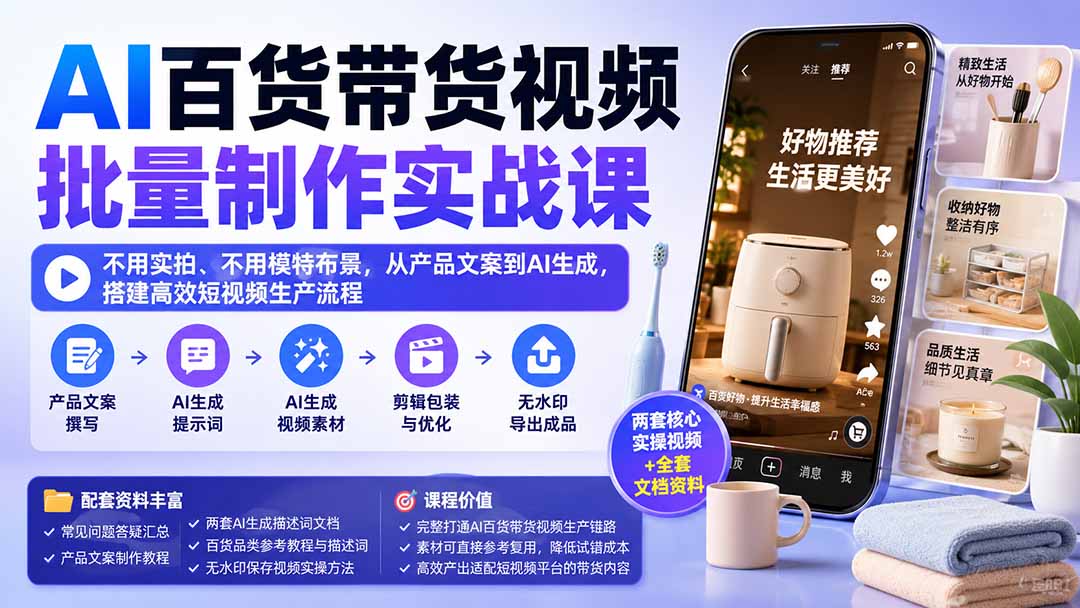 (20179期)AI百货带货视频批量制作实战课:不用实拍、不用模特布景,从产品文案到AI生成,搭建高效短视频生产流程