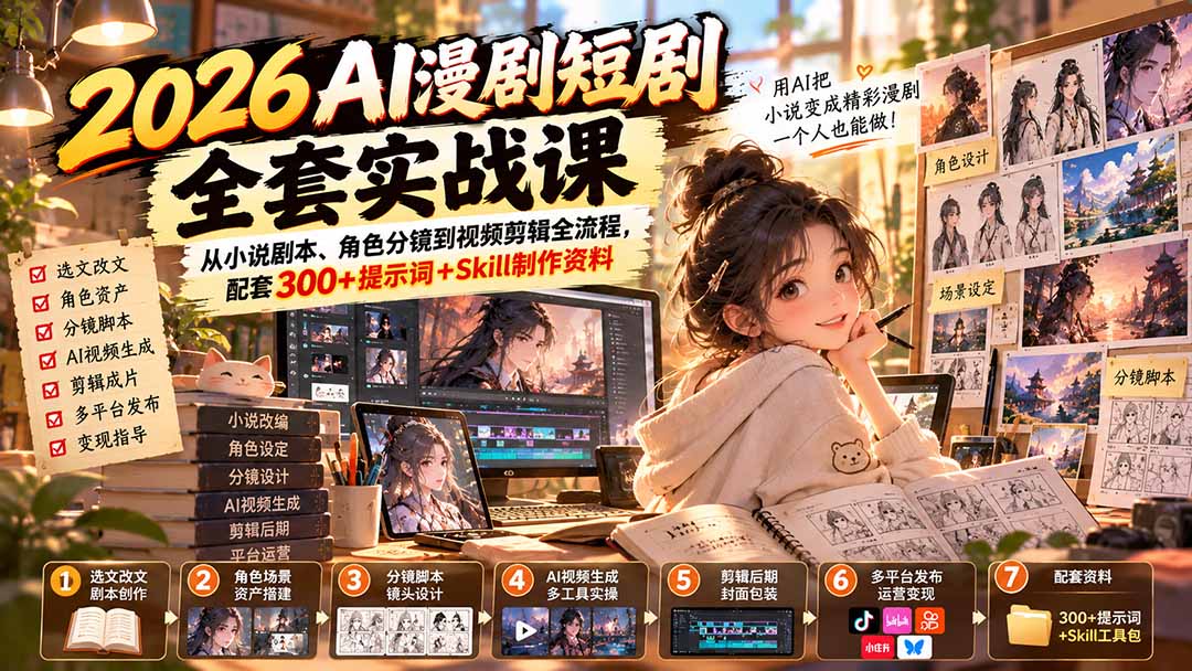 (20629期)2026AI漫剧短剧全套实战课:从小说剧本、角色分镜到视频剪辑全流程,配套300+提示词+Skill制作资料