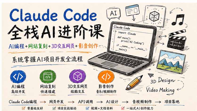 (20188期)Claude Code全栈AI进阶课-更新;AI编程+网站复刻+3D交互网页+影音创作,系统掌握AI项目开发全流程