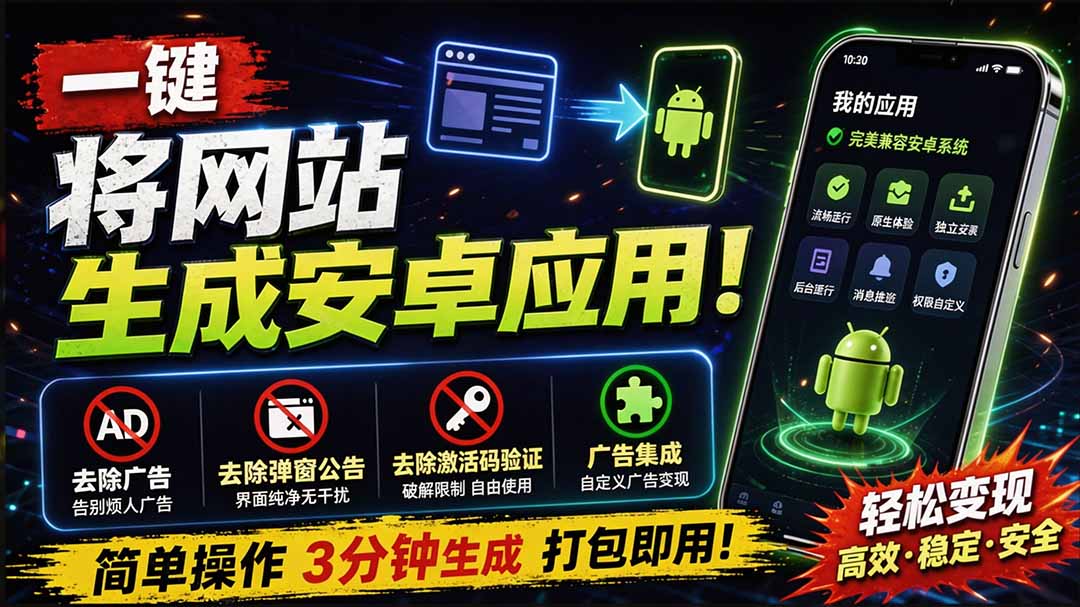 （20305期）目前最好用，一键将网站生成安卓应用！支持去除广告、弹窗公告、激活码验证、广告集成等 web-to-app