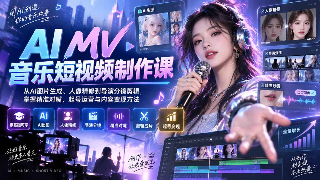 (20364期)AI MV音乐短视频制作课:从AI图片生成、人像精修到导演分镜剪辑,掌握精准对嘴、起号运营与内容变现方法