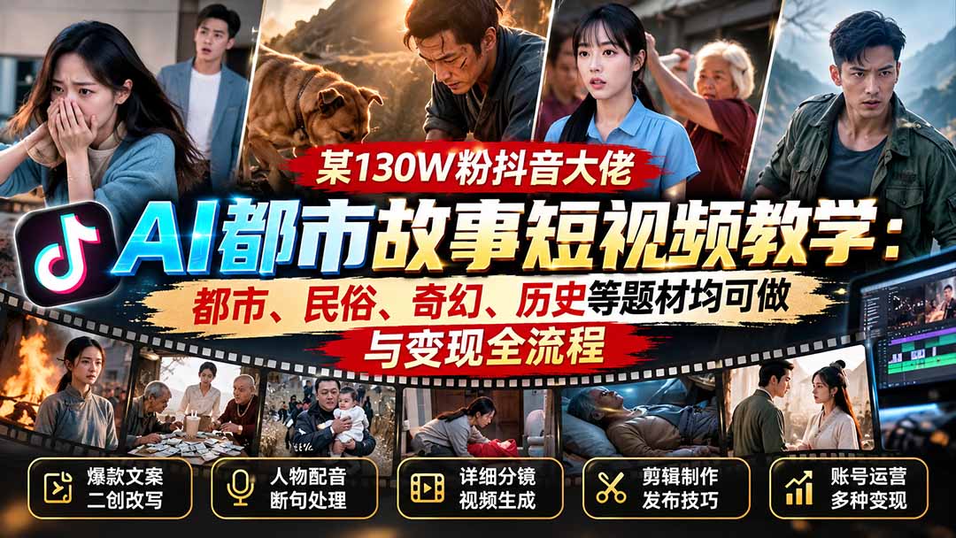 （20692期）某130W粉抖音大佬AI都市故事短视频教学：都市、民俗、奇幻、历史等题材均可做与变现全流程