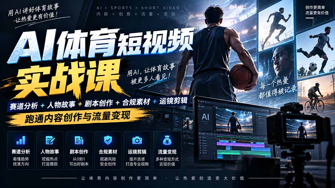 (20515期)AI体育短视频赛道顶级玩法|赛道分析+人物故事+剧本创作+版权处理+运镜剪辑,跑通流量变现-日赚1K+