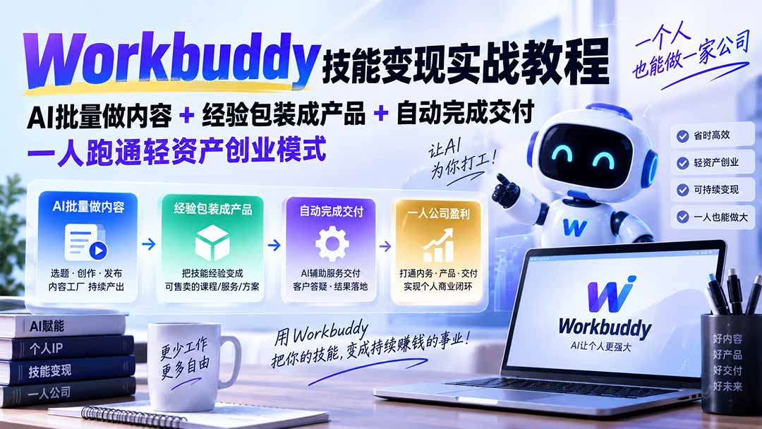 (20492期)Workbuddy技能变现实战教程:AI批量做内容+经验包装成产品+自动完成交付,一人跑通轻资产创业模式