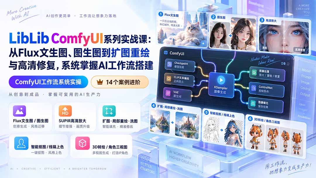 (20368期)LibLib ComfyUI系列实战课:从Flux文生图、图生图到扩图重绘与高清修复,系统掌握AI工作流搭建