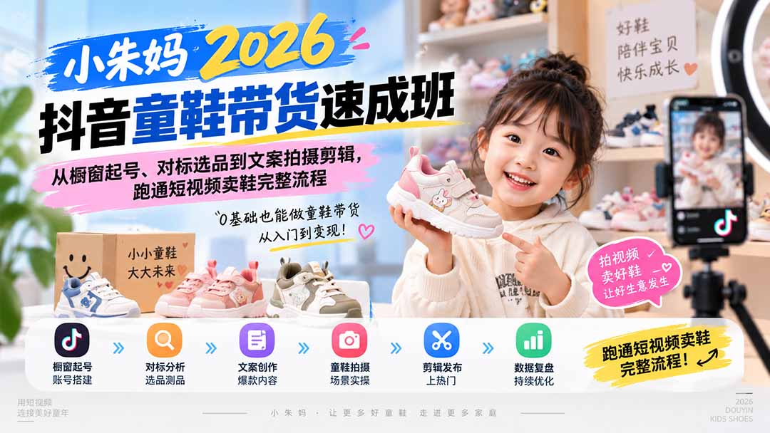 (20267期)小朱妈2026抖音童鞋带货速成班:从橱窗起号、对标选品到文案拍摄剪辑,跑通短视频卖鞋完整流程