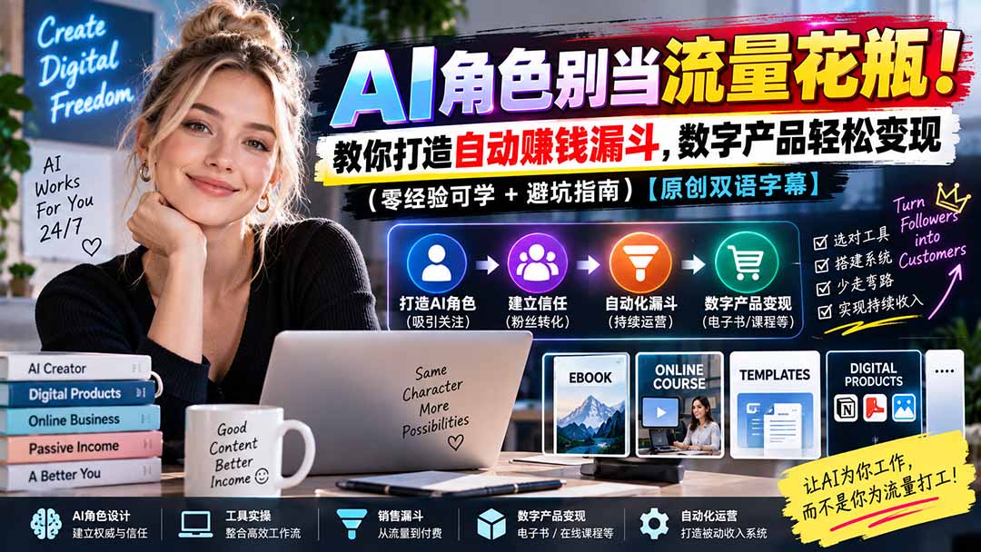 (20475期)AI角色别当流量花瓶!教你打造自动赚钱漏斗,数字产品轻松变现(零经验可学+避坑指南)【原创双语字幕】