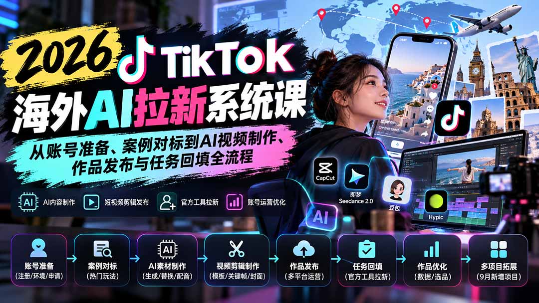 （20675期）【无水印】2026 TikTok海外AI拉新系统课：从账号准备、案例对标到AI视频制作、作品发布与任务回填全流程