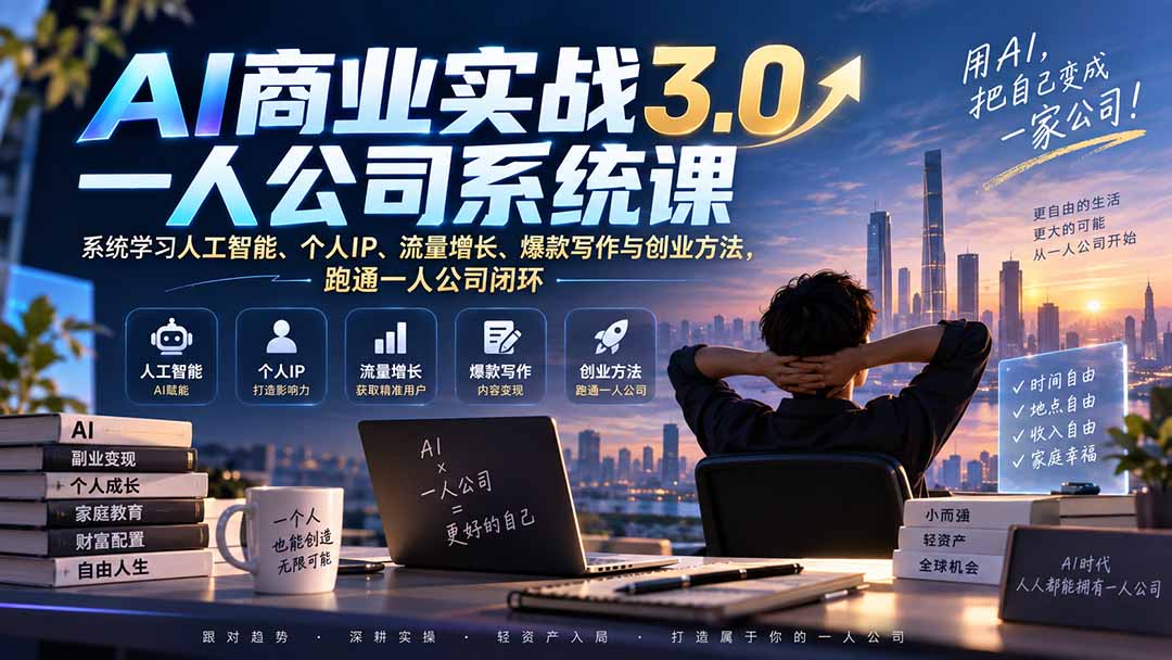 (20249期)AI商业实战3.0一人公司系统课:系统学习人工智能、个人IP、流量增长、爆款写作与创业方法,跑通一人公司闭环