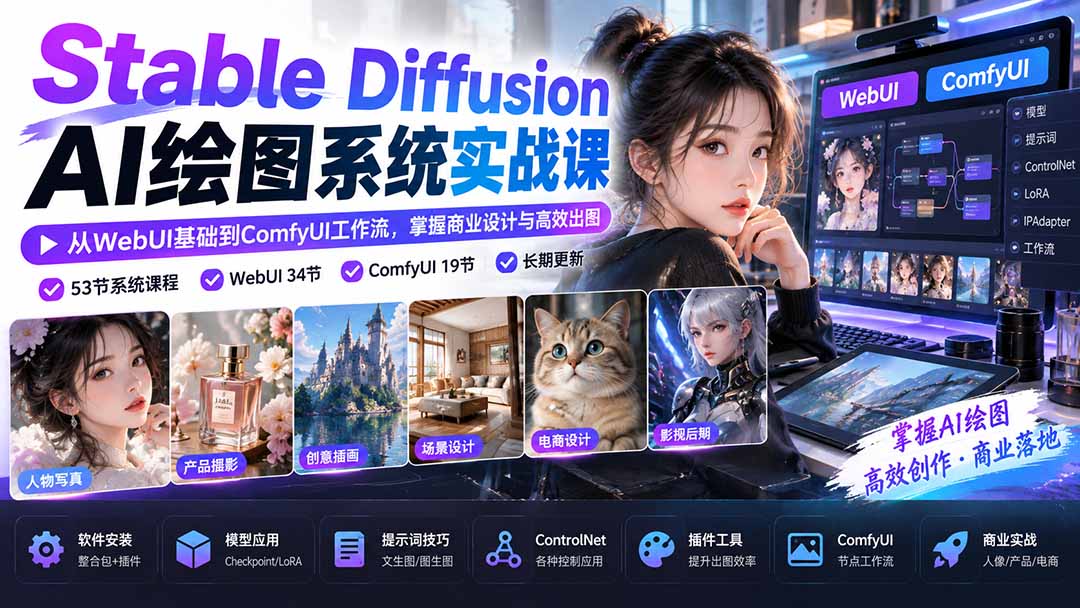 （20678期）Stable Diffusion AI绘图系统实战课：从WebUI基础到ComfyUI工作流，掌握商业设计与高效出图