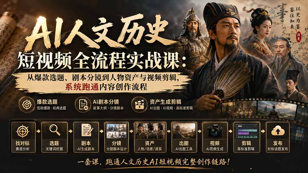(20476期)AI人文历史短视频全流程实战课-更新:从爆款选题、剧本分镜到人物资产与视频剪辑,系统跑通内容创作流程