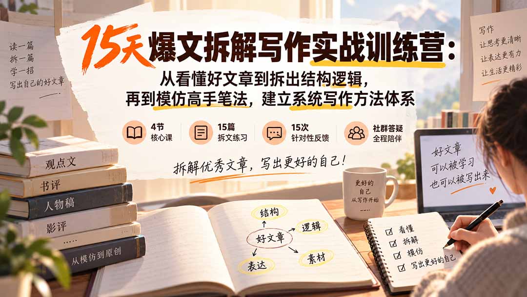 (20271期)15天爆文拆解写作实战训练营:从看懂好文章到拆出结构逻辑,再到模仿高手笔法,建立系统写作方法体系