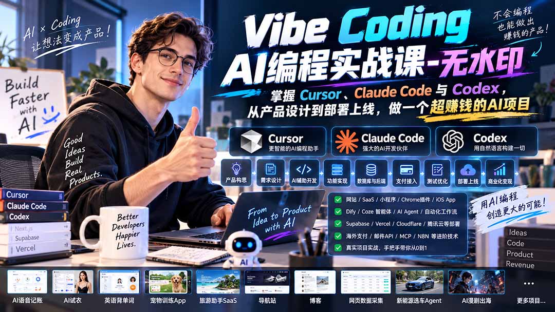 (20431期)Vibe Coding AI编程实战课-无水印:掌握Cursor、Claude Code与Codex,从产品设计到部署上线,做一个超赚钱的AI项目
