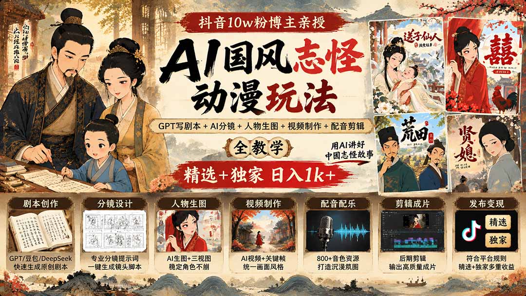 （20538期）抖音10w粉博主亲授AI国风志怪动漫玩法｜GPT写剧本+AI分镜+人物生图+视频制作+配音剪辑全教学｜精选+独家日入1k+