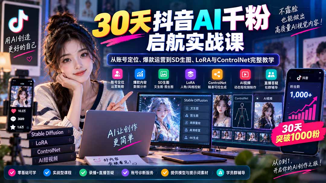 (20291期)30天抖音AI千粉启航实战课:从账号定位、爆款运营到SD生图、LoRA与ControlNet完整教学