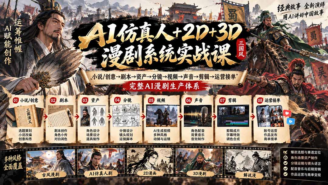 (20685期)AI仿真人+2D+3D漫剧系统实战课:小说/创意→剧本→资产→分镜→视频→声音→剪辑→运营接单,完整AI漫剧生产体系