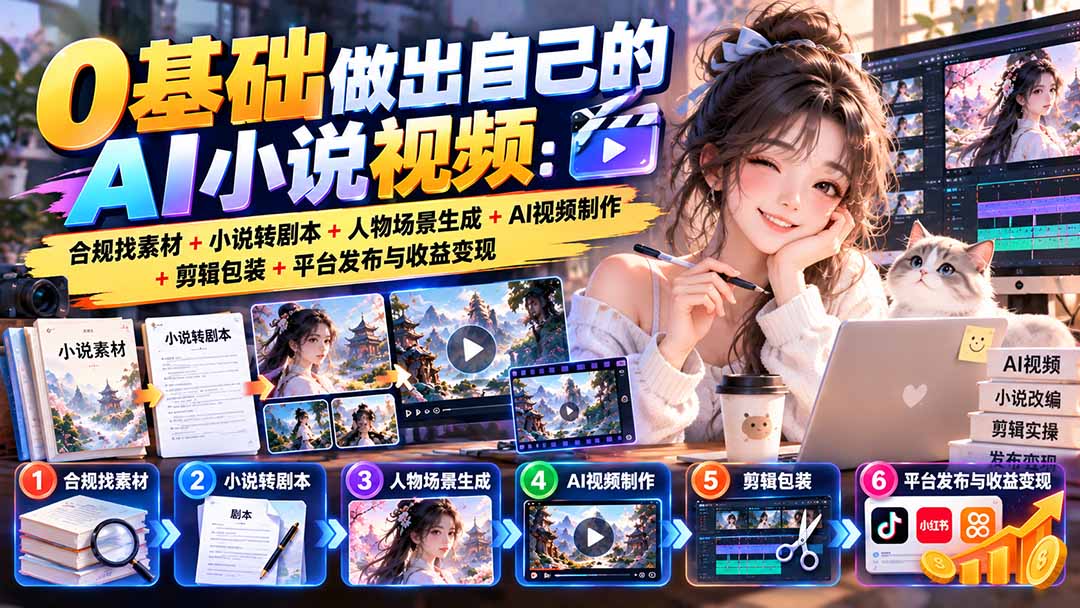 （20741期）0基础做出自己的AI小说视频：合规找素材+小说转剧本+人物场景生成+AI视频制作+剪辑包装+平台发布与收益变现
