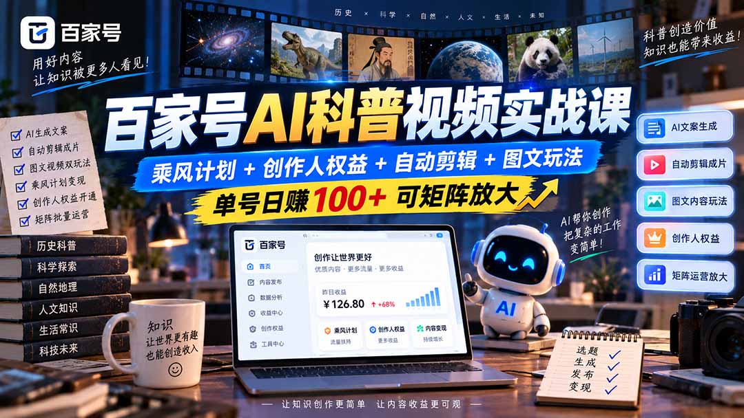 （20579期）百家号AI科普视频实战课：乘风计划+创作人权益+自动剪辑+图文玩法，单号日赚100+可矩阵放大
