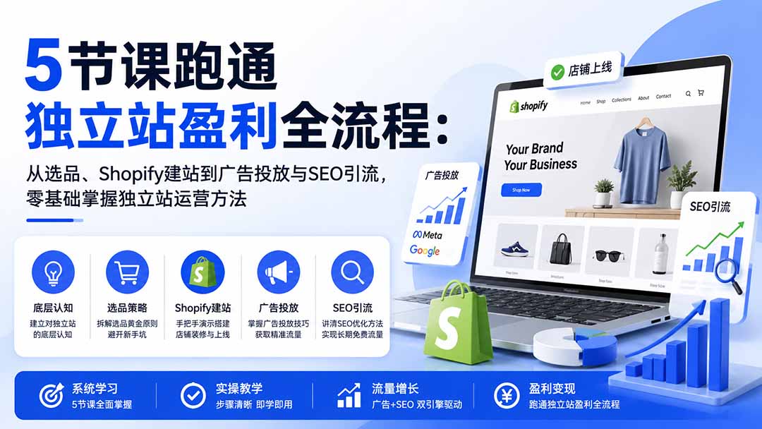 （20316期）5节课跑通独立站盈利全流程：从选品、Shopify建站到广告投放与SEO引流，零基础掌握独立站运营方法