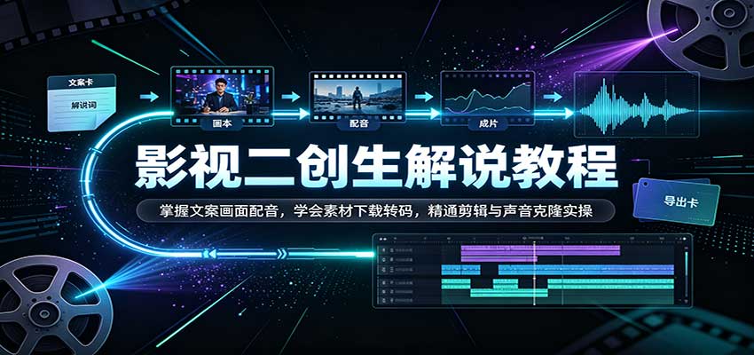 影视二创解说教程:掌握文案画面配音,学会素材下载转码,精通剪辑与声音克隆实操