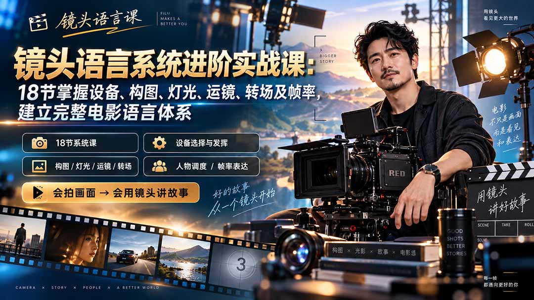 (20434期)镜头语言系统进阶实战课:18节掌握设备、构图、灯光、运镜、转场及帧率,建立完整电影语言体系