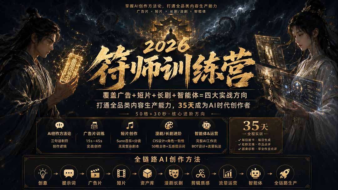（20179期）符师训练营-35天成为AI时代创作者，广告+短片+漫剧+智能体四大实战方向，掌握从创意到上线的完整工作流