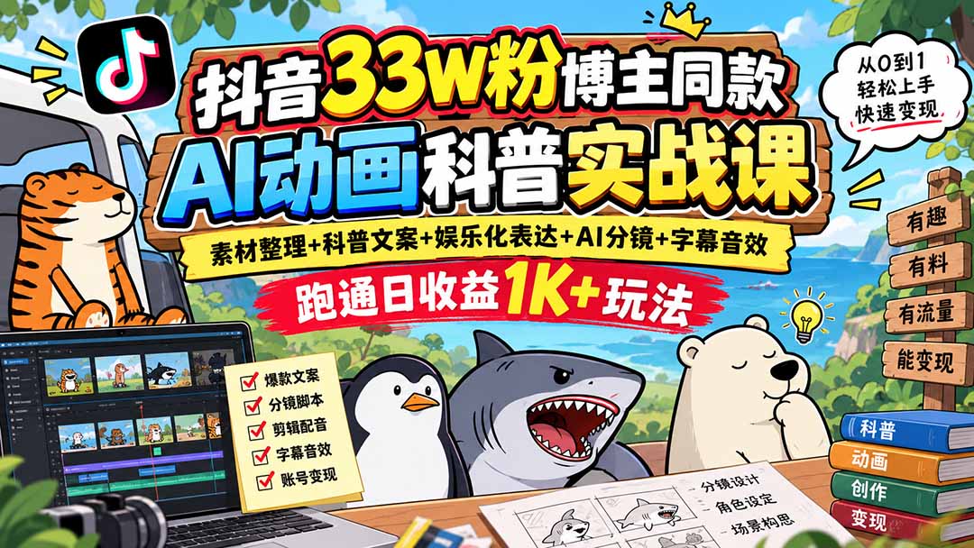 (20510期)抖音33W粉博主同款AI动画科普实战课|素材整理+科普文案+娱乐化表达+AI分镜+字幕音效,跑通日收益1K+玩法