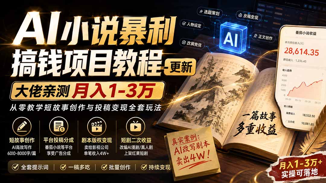 (20357期)AI小说短故事暴利搞钱项目教程-更新,大佬亲测月入1-3万,从零教学短故事创作与投稿变现全套玩法
