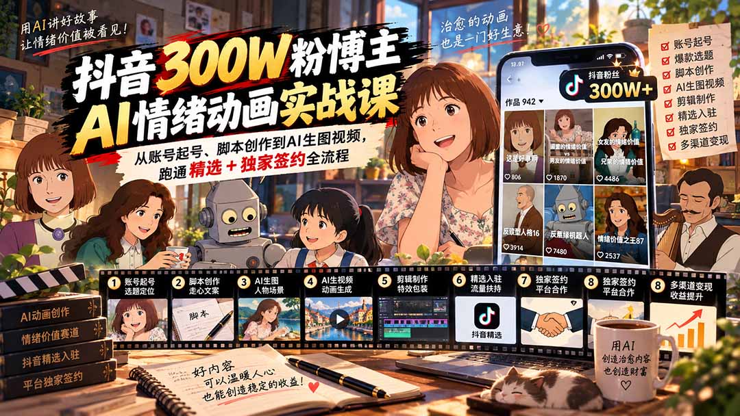 （20616期）抖音300W粉博主AI情绪动画实战课：从账号起号、脚本创作到AI生图视频，跑通精选+独家签约全流程
