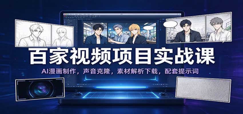 百家视频项目实战课:AI漫画制作,声音克隆,素材解析下载,配套提示词