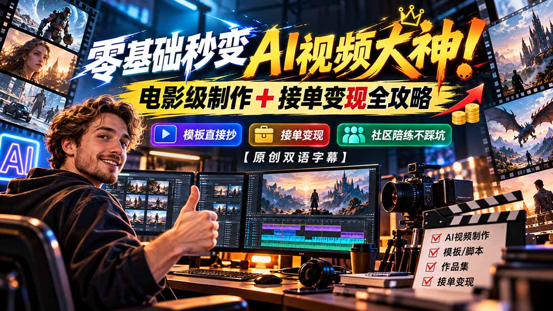 （20897期）零基础秒变AI视频大神！电影级制作 + 接单变现全攻略，模板直接抄，社区陪练不踩坑【原创双语字幕】