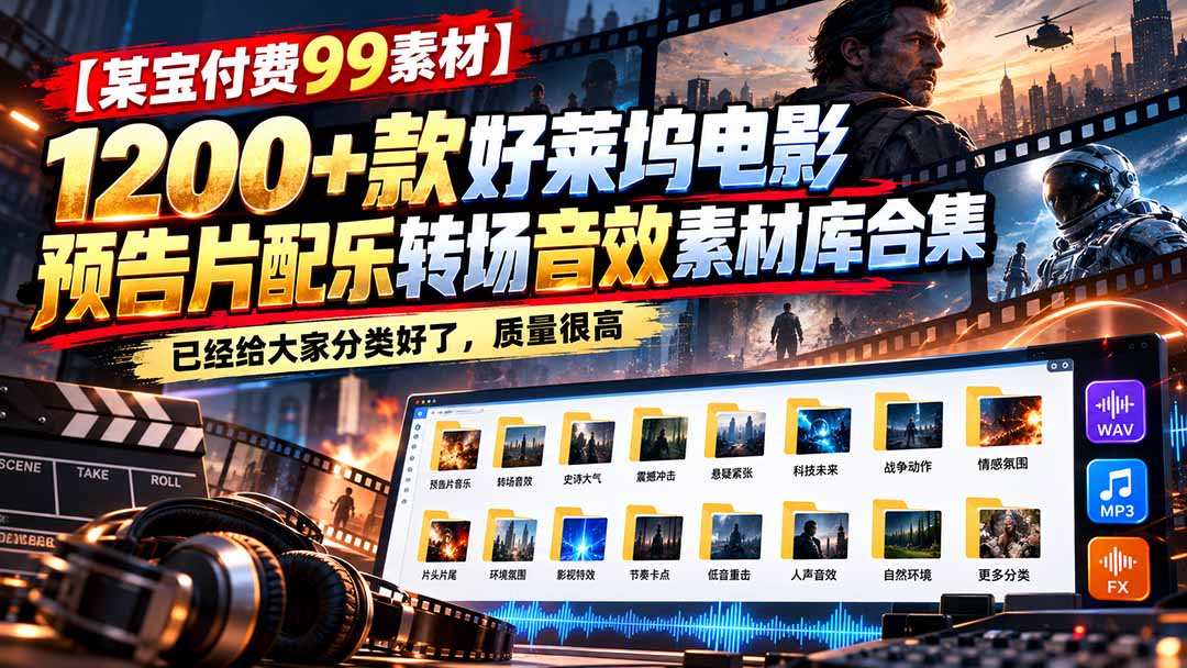(20797期)【某宝付费99素材】1200+款好莱坞电影预告片配乐转场音效素材库合集
