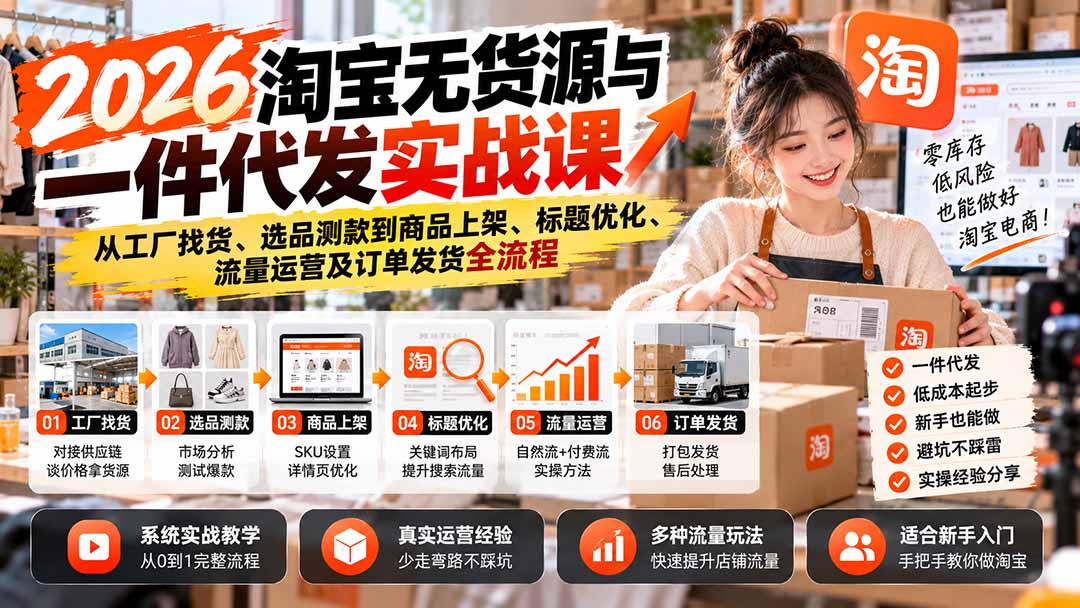 (20903期)2026淘宝无货源与一件代发实战课:从工厂找货、选品测款到商品上架、标题优化、流量运营及订单发货全流程