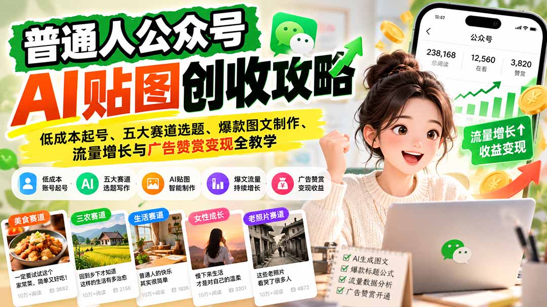 (20972期)普通人公众号AI贴图创收攻略:低成本起号、五大赛道选题、爆款图文制作、流量增长与广告赞赏变现全教学