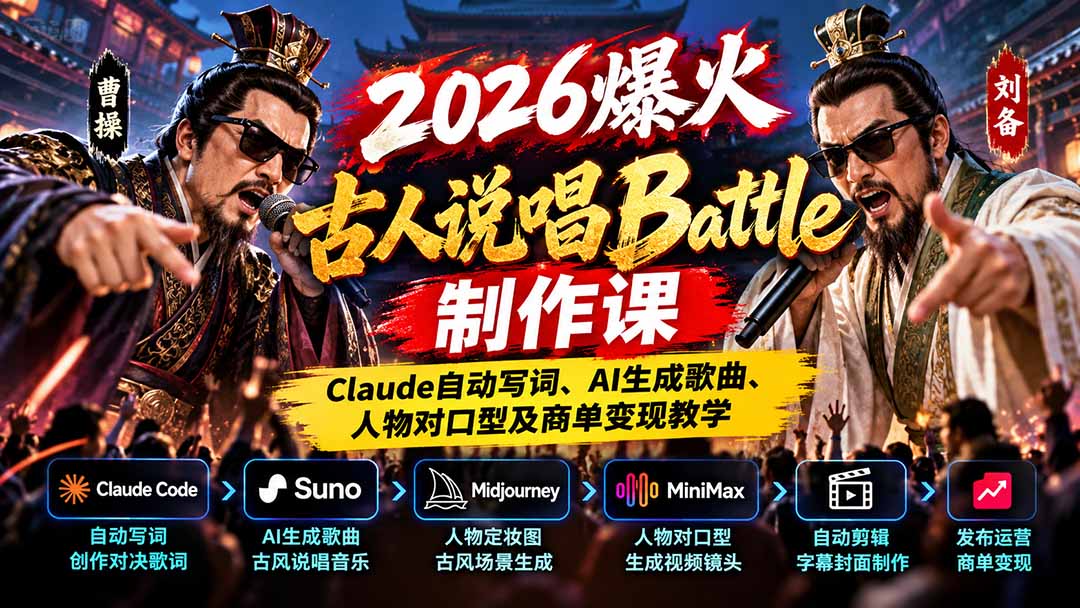 （21059期）2026爆火古人说唱Battle制作课：Claude自动写词、AI生成歌曲、人物对口型及商单变现教学