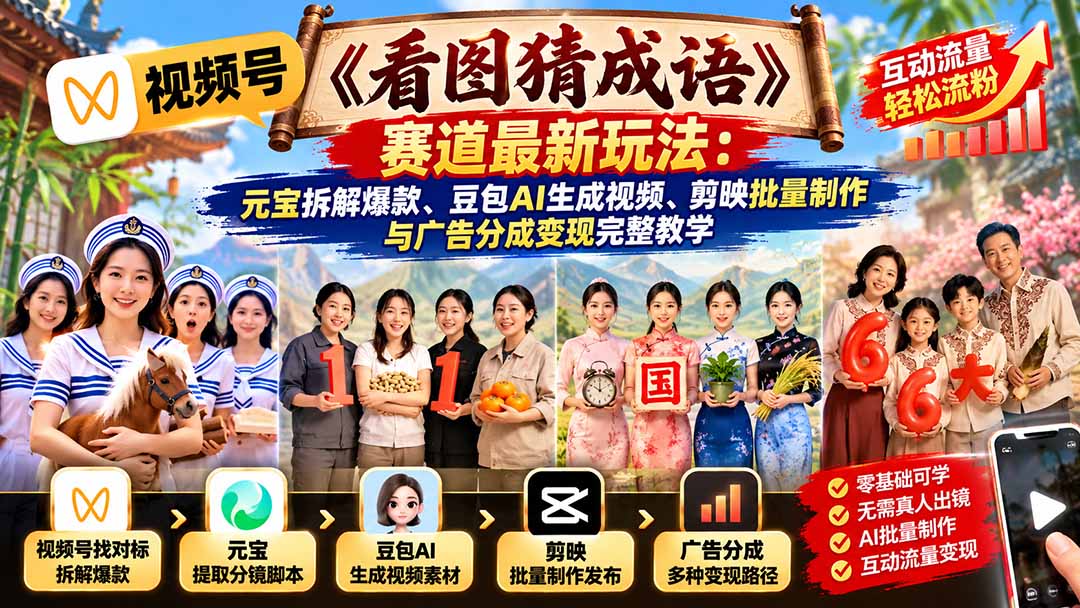 （21060期）视频号《看图猜成语》赛道最新玩法：元宝拆解爆款、豆包AI生成视频、剪映批量制作与广告分成变现完整教学