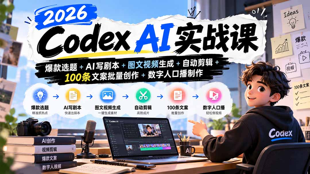 （20899期）2026Codex AI实战课：爆款选题+AI写剧本+图文视频生成+自动剪辑+100条文案批量创作+数字人口播制作