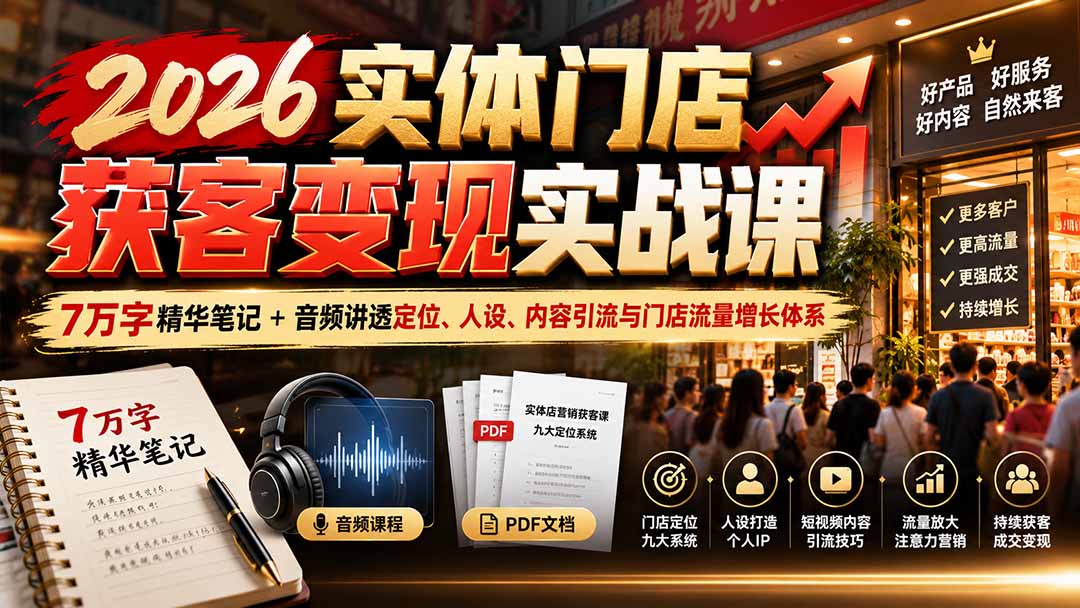 (20832期)2026实体门店获客变现实战课:7万字精华笔记+音频讲透定位、人设、内容引流与门店流量增长体系