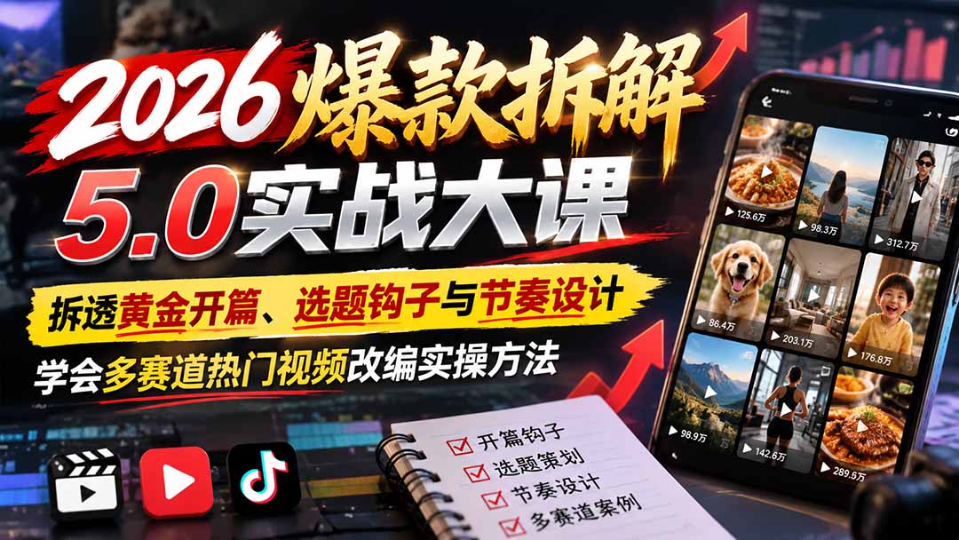 (21110期)2026爆款拆解5.0实战大课:拆透黄金开篇、选题钩子与节奏设计,学会多赛道热门视频改编实操方法