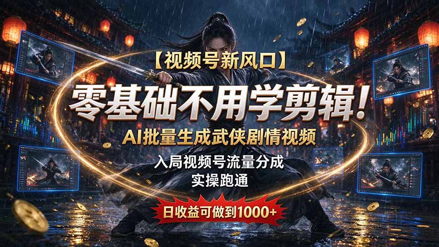 （20780期）【视频号新风口】零基础不用学剪辑！AI 批量生成武侠剧情视频，入局视频号流量分成，实操跑通，日收益可做到 1000+
