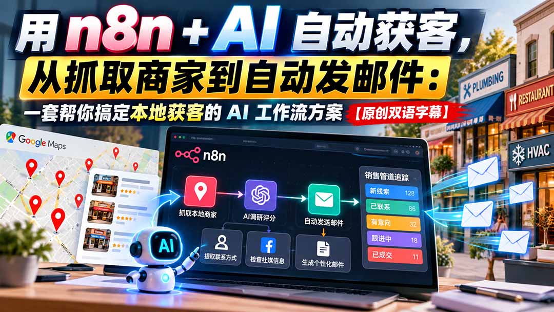 (21076期)用 n8n + AI 自动获客,从抓取商家到自动发邮件:一套帮你搞定本地获客的 AI 工作流方案【原创双语字幕】