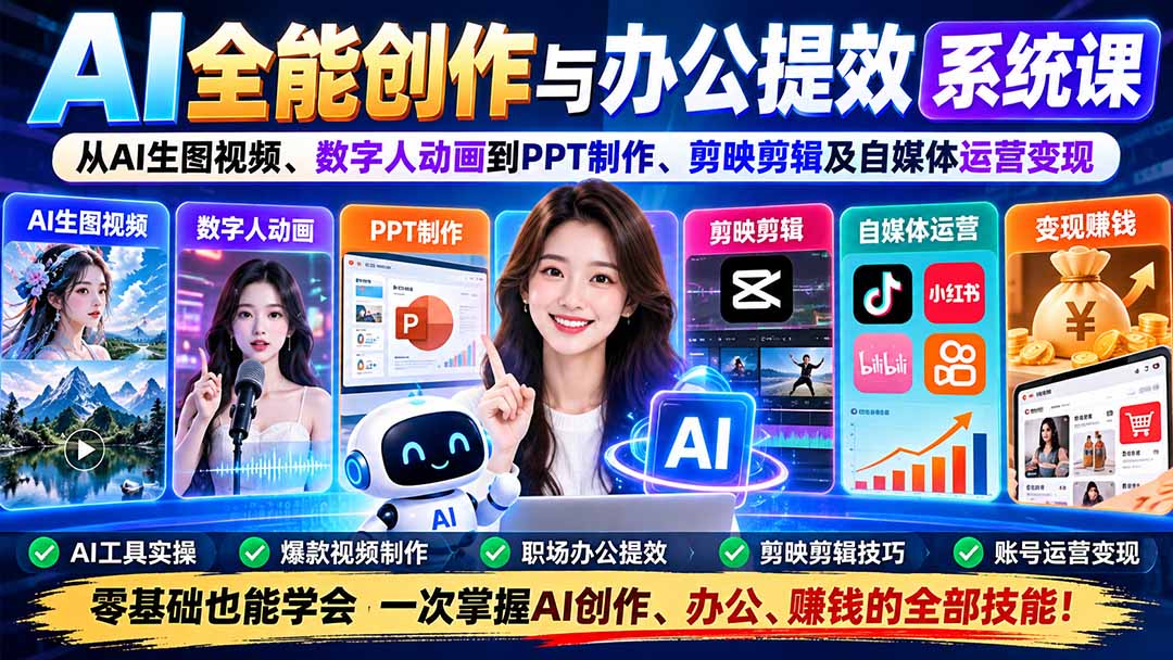 （20883期）AI全能创作与办公提效系统课：从AI生图视频、数字人动画到PPT制作、剪映剪辑及自媒体运营变现