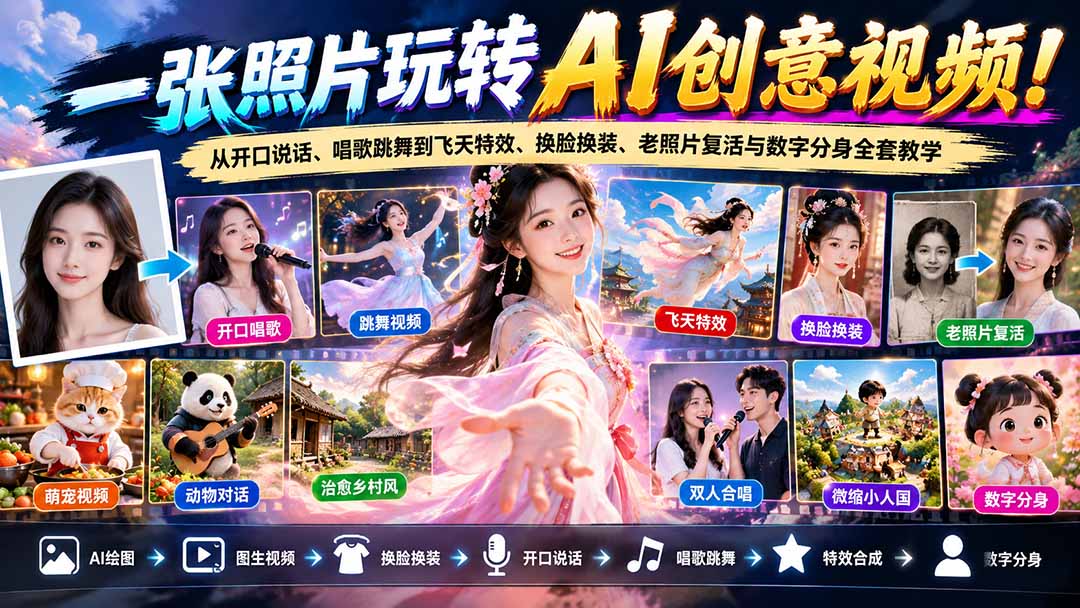 (21202期)一张照片玩转AI创意视频!从开口说话、唱歌跳舞到飞天特效、换脸换装、老照片复活与数字分身全套教学