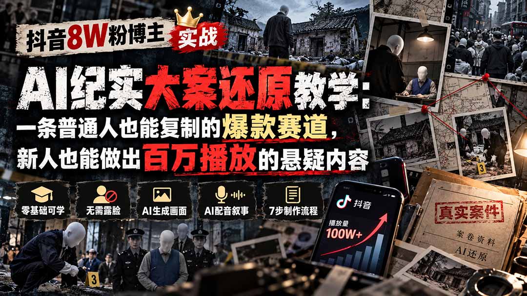 （20865期）抖音8W粉博主AI纪实大案还原教学：一条普通人也能复制的爆款赛道，新人也能做出百万播放的悬疑内容